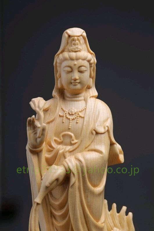 高品質☆仏教美術 精密彫刻 仏像 手彫り 木彫仏像 桧木 御龍観音立像