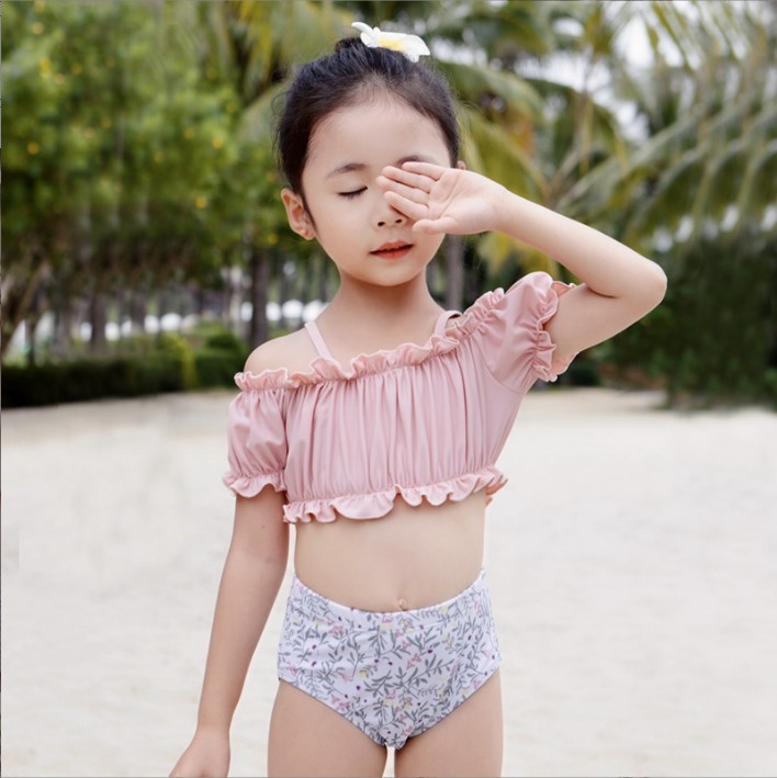  girl 90 swimsuit separate bikini off shoulder resort sea pool Kids be Bb chi travel pink floral print ga- Lee pretty 