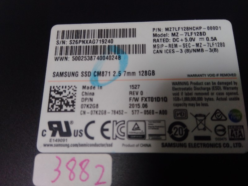 d⑰■　ノート用　SSD　128GB （3882時間）　SAMSUNG　正常判定　　送料無料