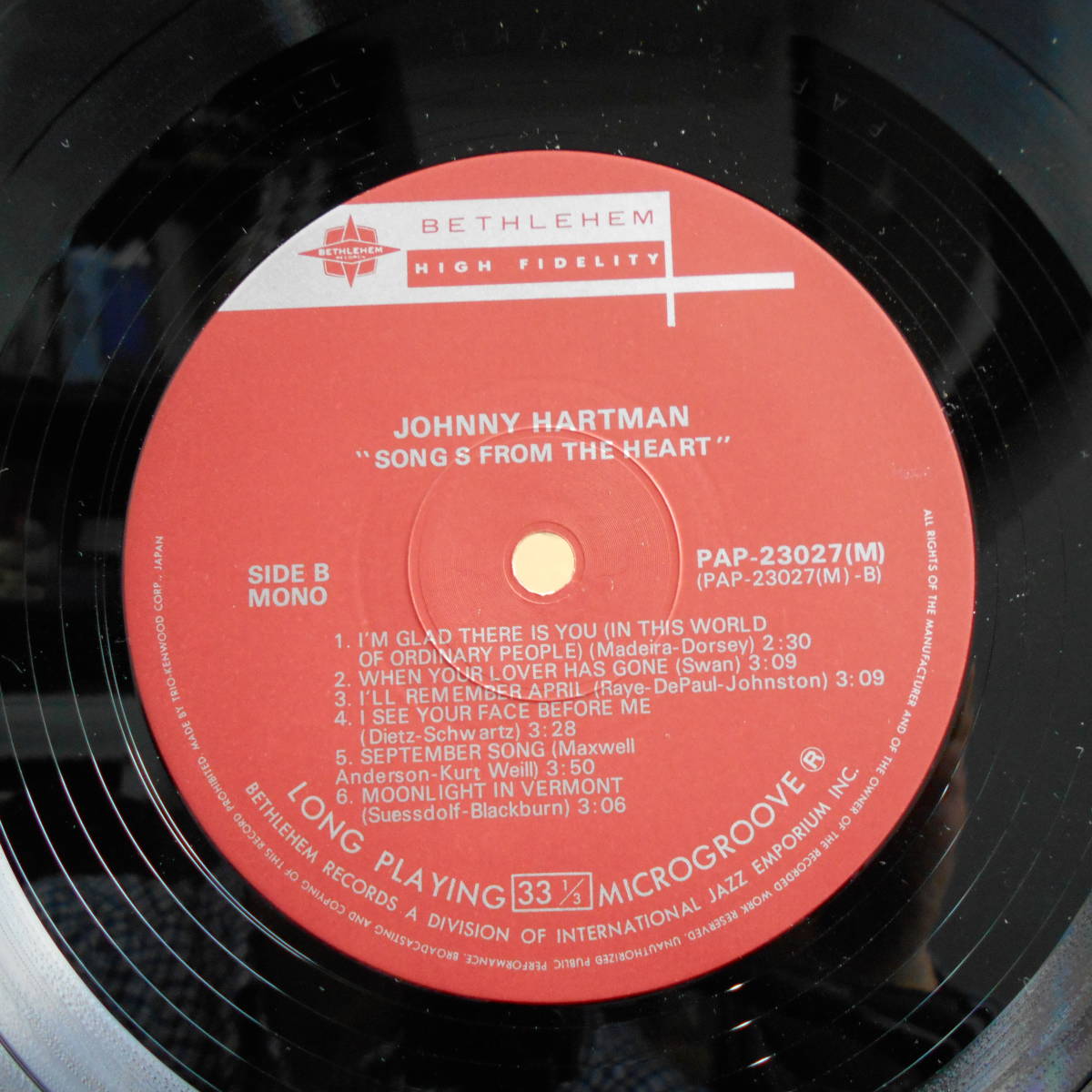 JOHNNY HARTMAN / SONGS FROM THE HEART (BETHLEHEM PAP-23027 JAP.)_画像3