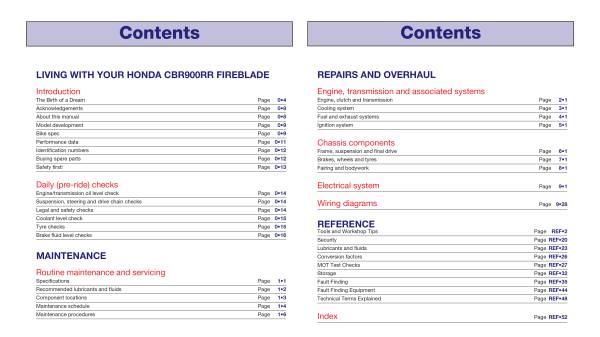 ホンダ CBR900RR FireBlade 2000-2003年 英語版 整備解説書_目次