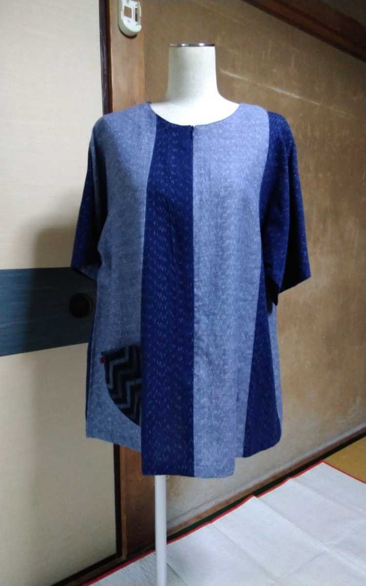 新しい季節 久留米絣地、織地ブラウス！日本製。綿麻。紺。ドルマン袖