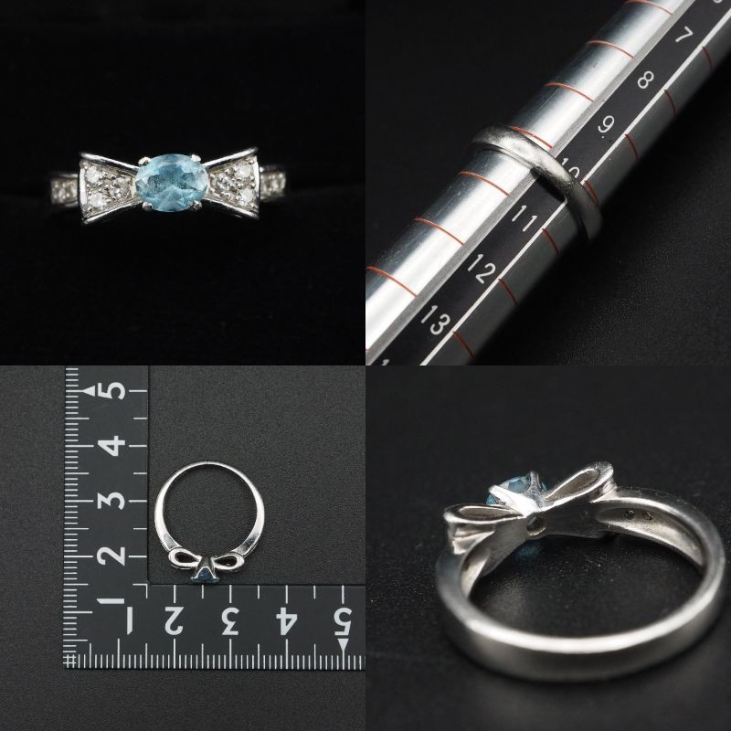 Z244 アクアマリン 0.32ct ダイヤモンド 0.15ct Nj Pt900刻印 リボン デザイン プラチナ リング 指輪