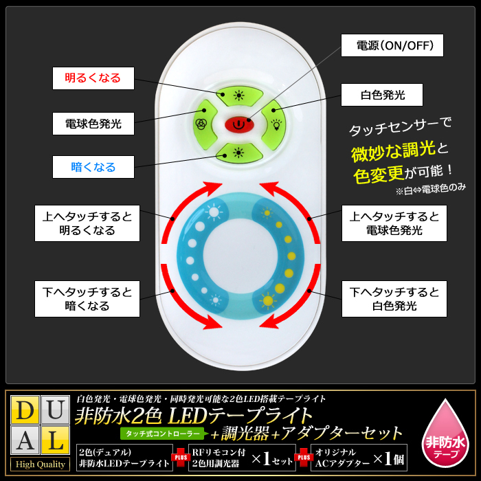 デュアル250cm×2本セット】 非防水2色テープライト+RF調光器+対応