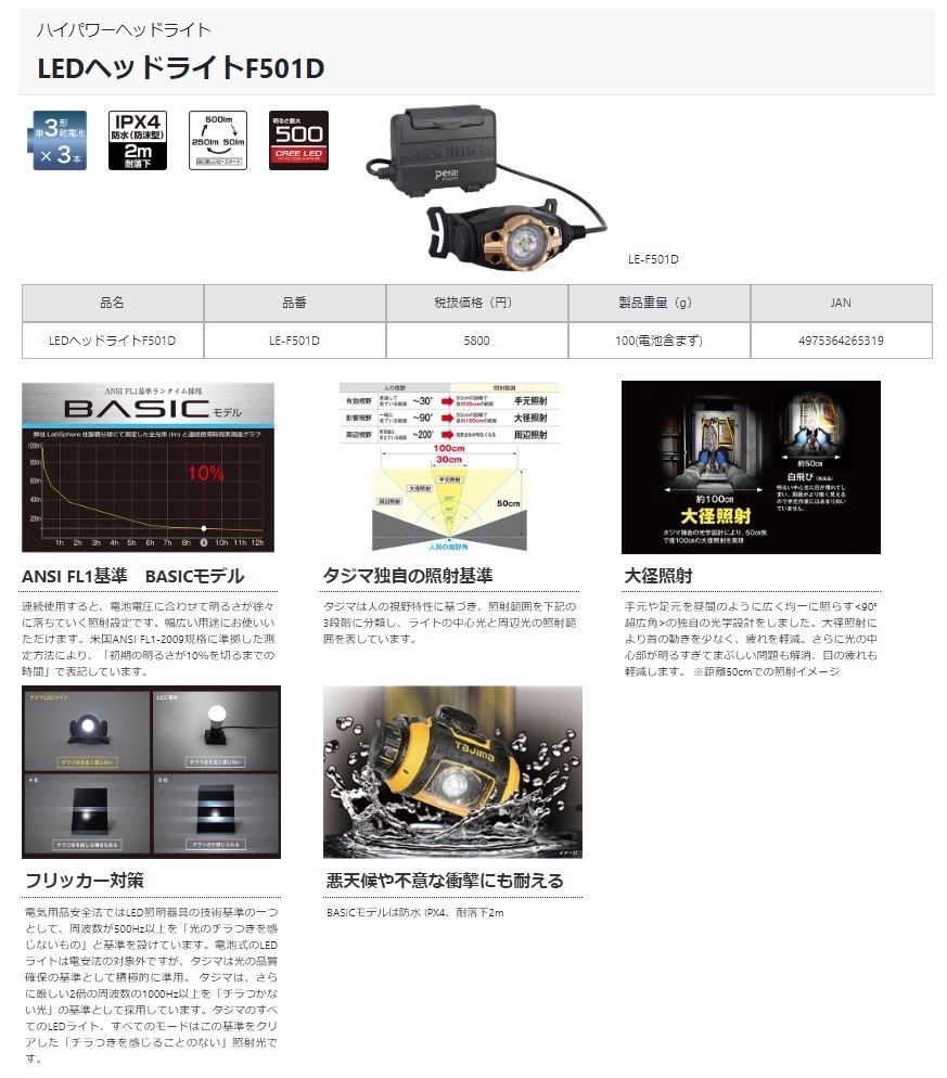 タジマ LEDヘッドライトF501D LE-F501D サイズ38mmx87mmx55mm 選べる3照射切替 乾電池式 TJMデザイン TAJIMA 265319 。_画像6