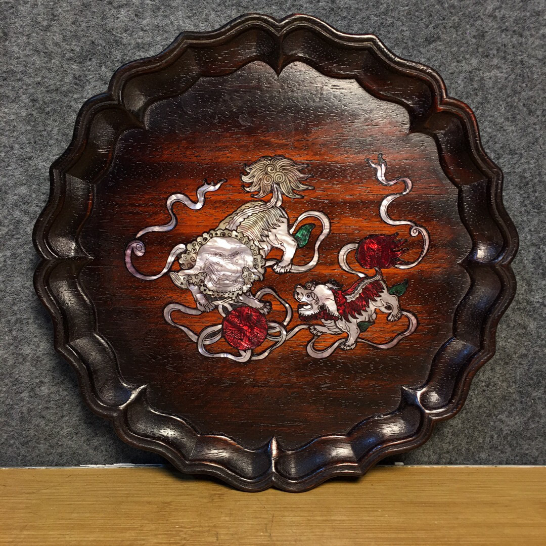 ▽鴻▽ 檀木製細密彫貝殼嵌連年有余紋首飾盒置物古賞物中国古玩中国古美術