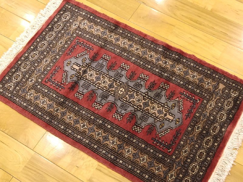 【開】ヴィンテージ パキスタン絨毯 ウール100％ 手織り 幾何学文様 幅103.5×66.5cm (検ペルシャトルコキリムカーペットマット♯16