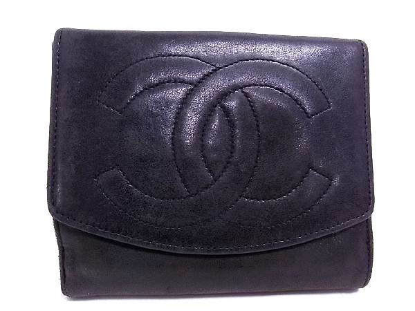 1円 CHANEL シャネル ココマーク ラムスキン Wホック 二つ折り 財布