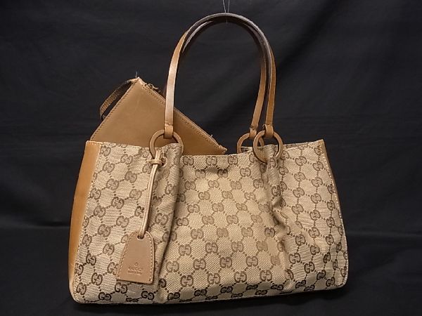 1円 GUCCI グッチ 94898 002058 GGキャンバス×レザー ハンドバッグ トート ショルダー 肩掛けレディース ベージュ系×ブラウン系 b5236uN_画像1