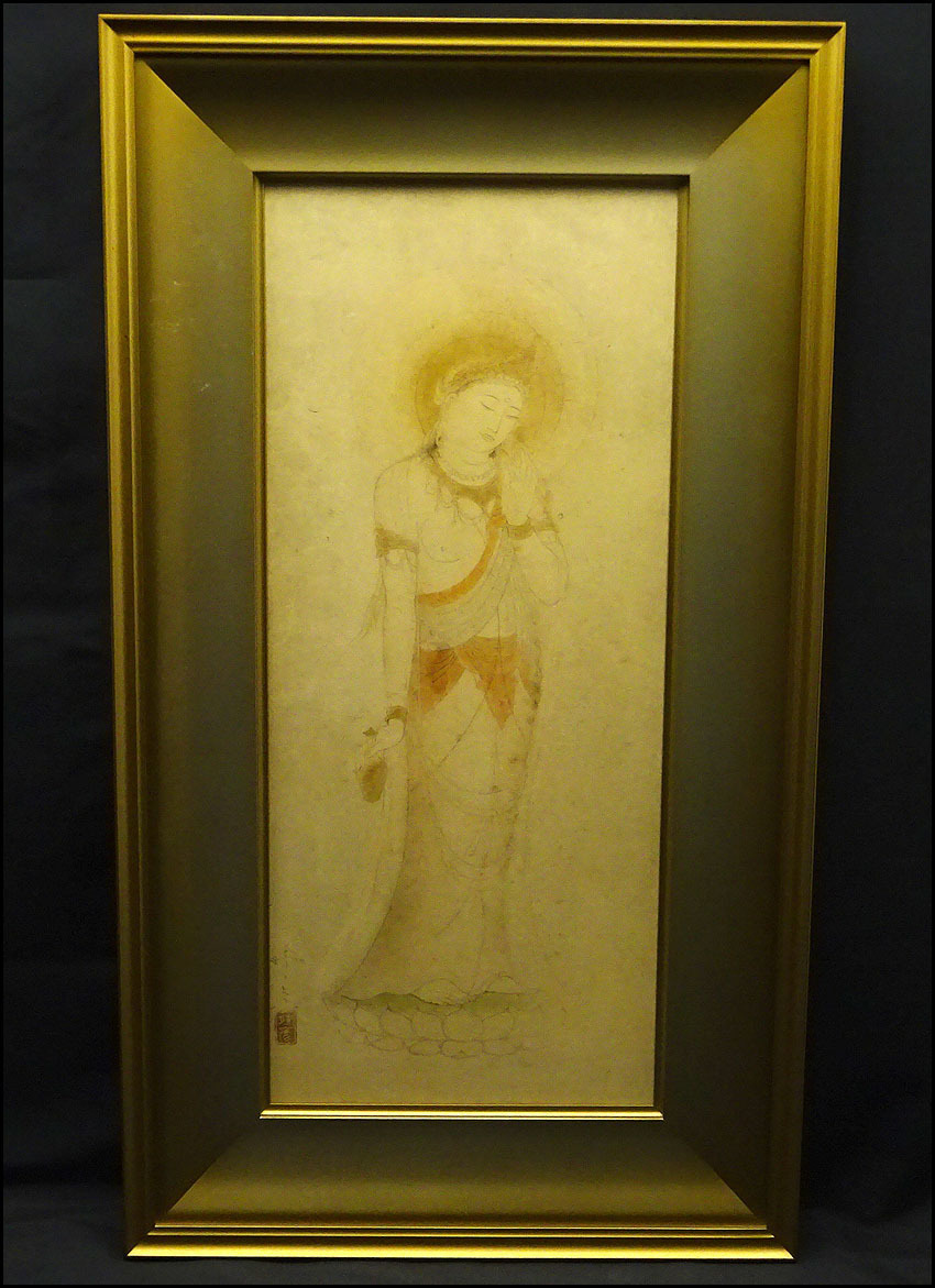 模写】緑屋zc□ 額装 石川晴彦 仏画 『観音』 共シール 仏教美術 模写】緑屋zc□ 額装 石川晴彦 仏画 『観音』 共シール 仏教美術