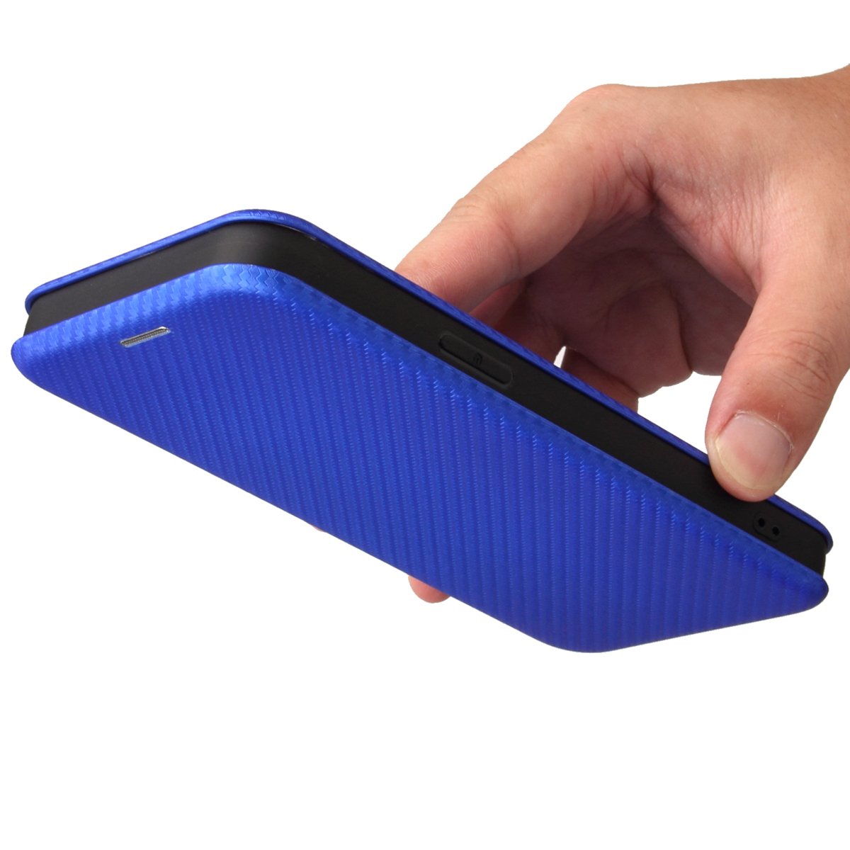 iPhone13 Pro 手帳型 カーボンファイバー 炭素繊維カバー マグネット式 カード収納 落下防止 横開き型 ブルー_画像6