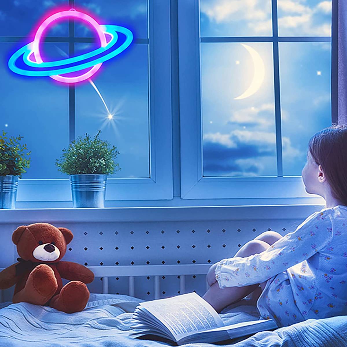 ネオンサイン 惑星プラネット ピンク&ブルー 給電 店内装飾 ルームデコレーション イルミネーション ナイトライト 雰囲気作り