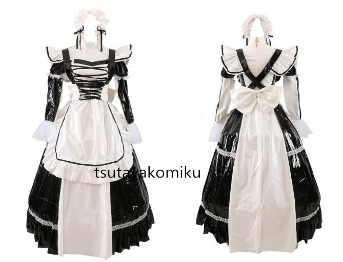 高品質 新作 めめしい メイド服 PVC ロック白い ワンピース2つの方法を着る 長袖風 靴とウィッグ 別売り_画像1