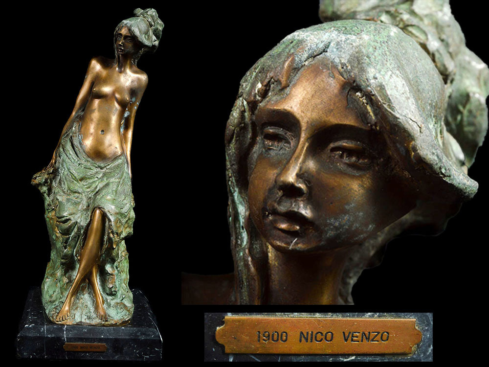 【雲】イタリア彫刻家 NicoVenzo ニコ・ヴェンゾ 腰掛ける裸婦 美人像 ブロンズ像 高さ48㎝ 重さ8.1㎏ アンティーク(旧家蔵出)AA194 CTOB23