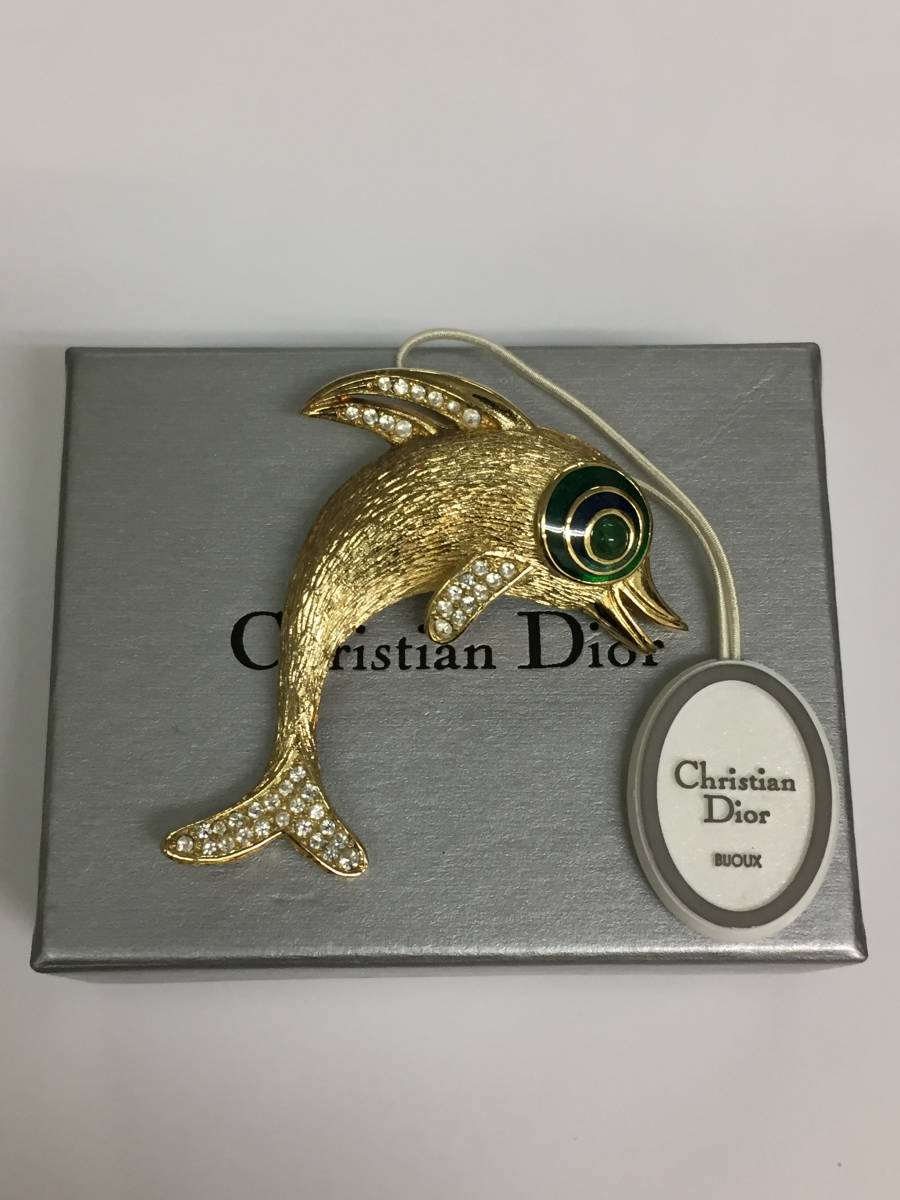  beautiful goods! rare! cheap! Christian Dior Dolphin dolphin color stone rhinestone GP Gold brooch Vintage 