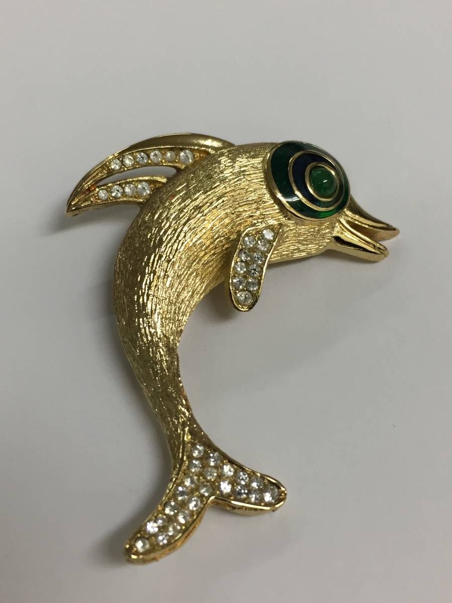  beautiful goods! rare! cheap! Christian Dior Dolphin dolphin color stone rhinestone GP Gold brooch Vintage 