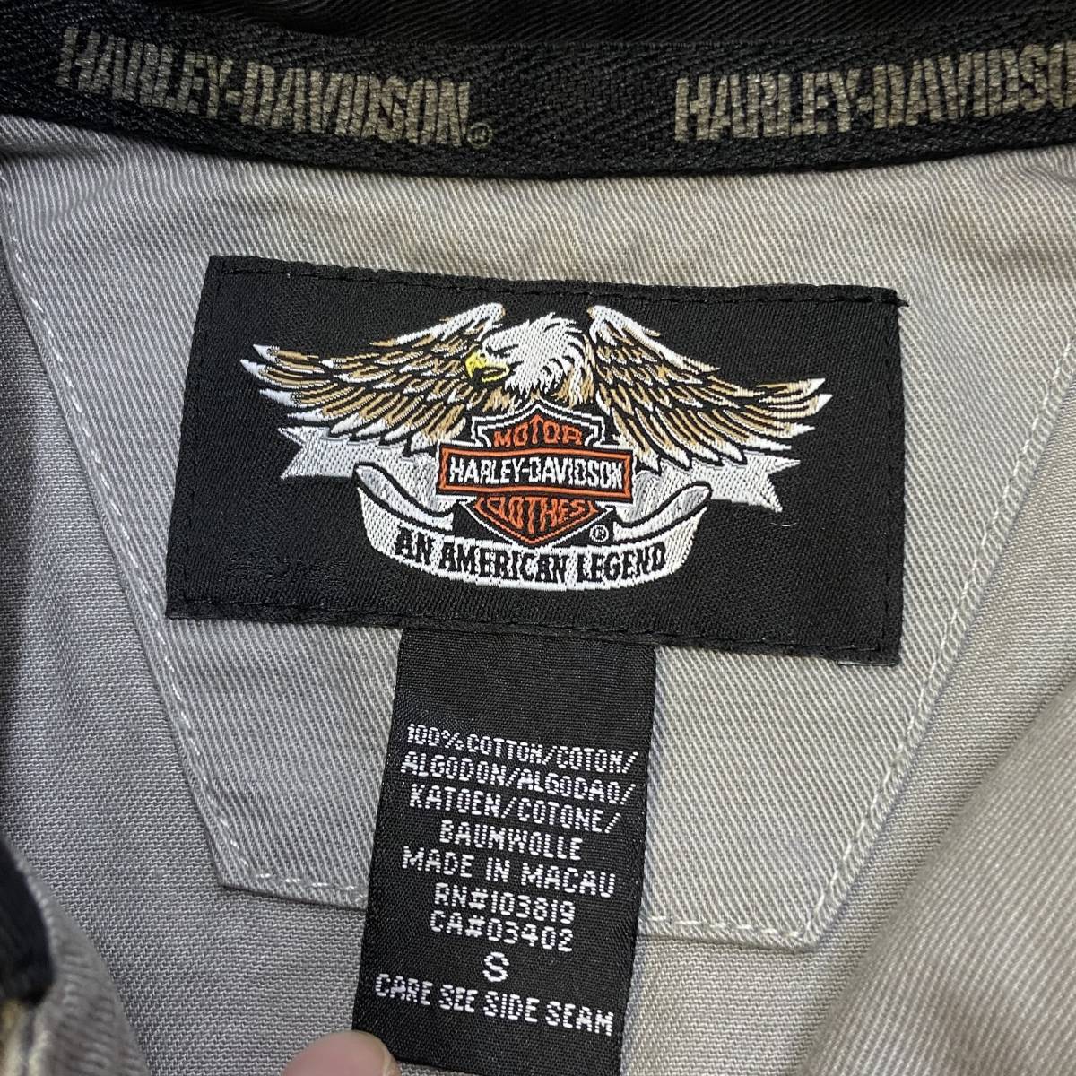 Harley Davidson ハーレーダビッドソン 半袖 ボタンダウンシャツ S グレー ブラック ロゴ スカル 刺繍 ボタンシャツ モーターサイクル_画像6