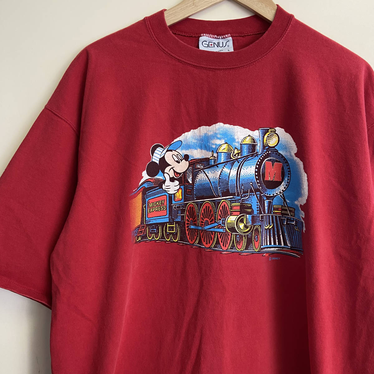 90s USA製 Disney ミッキー Tシャツ L レッド ディズニー キャラクター MICKEY EXPRESS ヴィンテージ