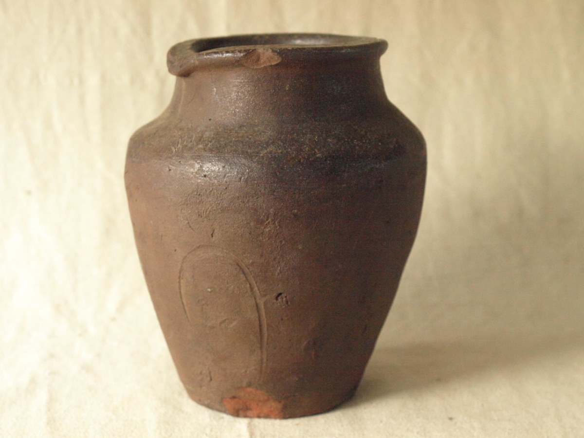 レア珍品 鎌倉 室町時代 越前焼広口小壺19.5cm猫掻き三日月窯印 侘 寂