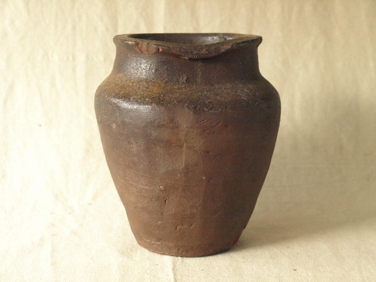 レア珍品 鎌倉 室町時代 越前焼広口小壺19.5cm猫掻き三日月窯印 侘 寂