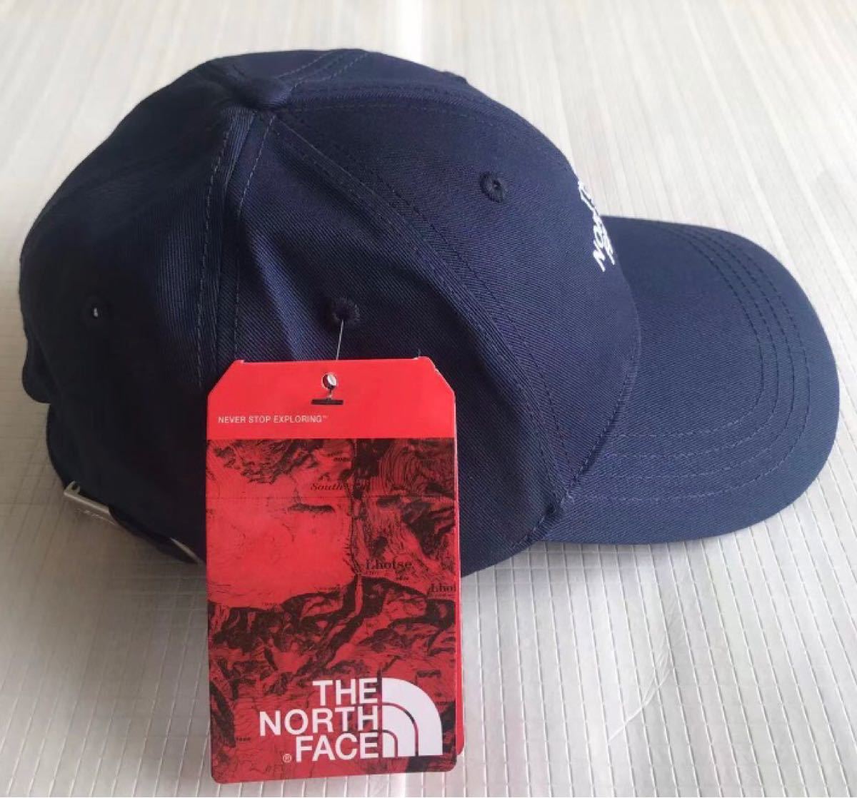 ［新品、未使用］ 人気 THE NORTH FACE キャップ フリーサイズ　ノースフェイス 帽子ブルー&ホワイトの刺繍ロゴ