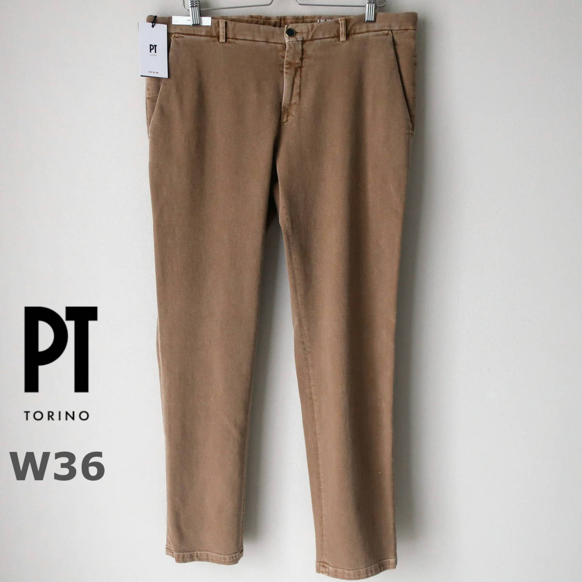 new goods PT TORINO fine quality. wash feeling stretch tapered pants chinos beautiful legs thin PT01 PT05 Brown tea color beige men's W36 XXL 2XL