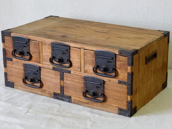 時代【鉄金具 からくり 小箪笥】木製 小引き出し 小物入れ 舟箪笥 帳場