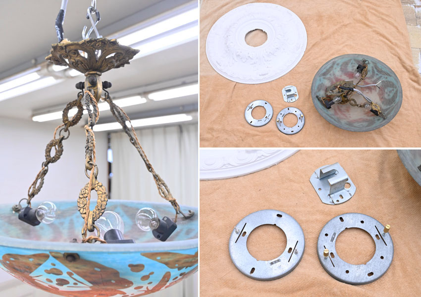 KS04 アンティークショップで35万円で購入 ガレ風 作者有 真鍮製 天井照明 シャンデリア 天吊りランプ ヨーロピアン