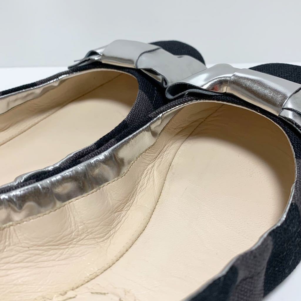 ☆良品 プラダ PRADA ボーダー リボン フラット パンプス バレエシューズ size 35 イタリア製 ローファー スリッポン ぺたんこ靴