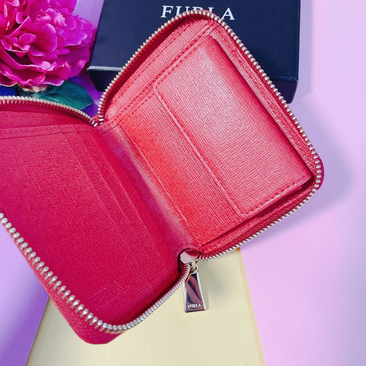 愛用 新品 FURLA フルラ 赤 ミニ財布 ラウンドファスナー 財布 ...