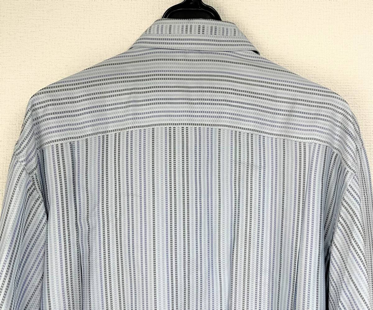 シルク 100% PURE SILK 絹 TAYA タヤ ストライプ ブロック 織 シャツ L size ブルー ブラック 光沢 高級 衣装 爽やかな色合い_画像6