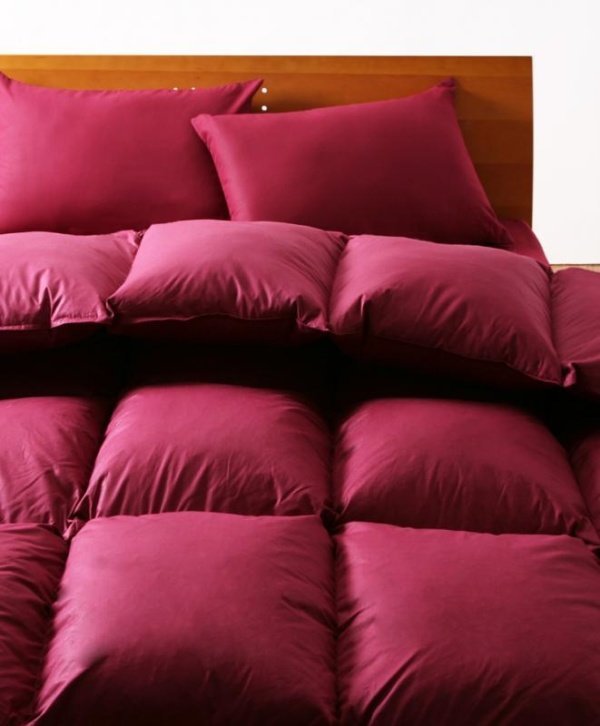 羽毛布団セット ベッド用１０点 キングサイズ 色-ワインレッド /ダックダウンタイプ
