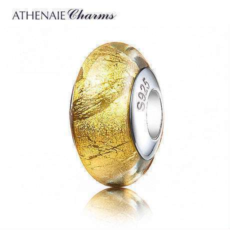 ATHENAIE パンドラ適合 ビーズチャーム シルバー925 ムラーノガラス Murano 925Silver Charm Bead Fit Pandora ゴールドフォイル 金箔_画像1