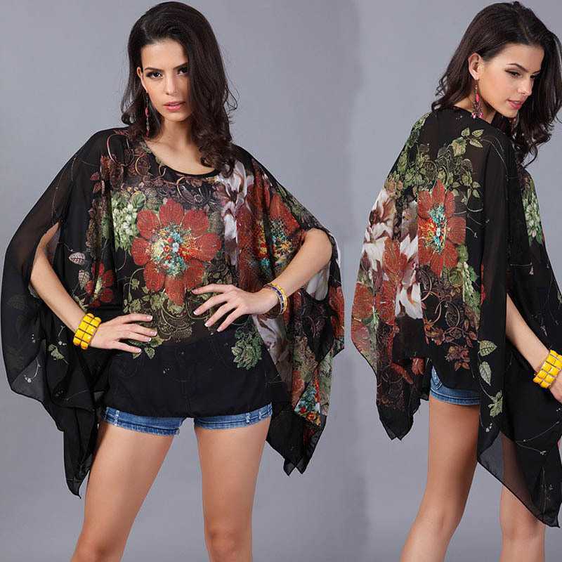 Boho Batwing Sleeveシフォンレディースカジュアルフラワープリントルーズシャツビッグサイズビーチチュニックトップス_画像1