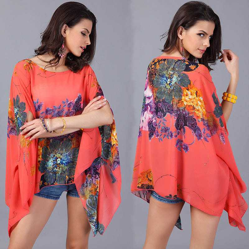 Boho Batwing Sleeveシフォンレディースカジュアルフラワープリントルーズシャツビッグサイズビーチチュニックトップス_画像4