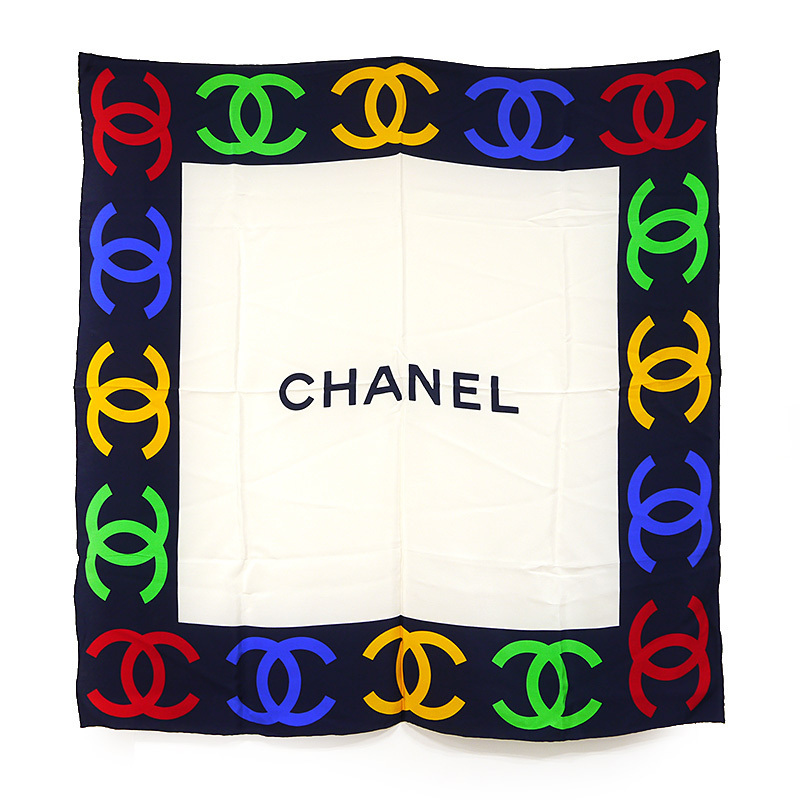 シャネル CHANEL シルクスカーフ ホワイト×ネイビー ココマーク ※保管臭有り