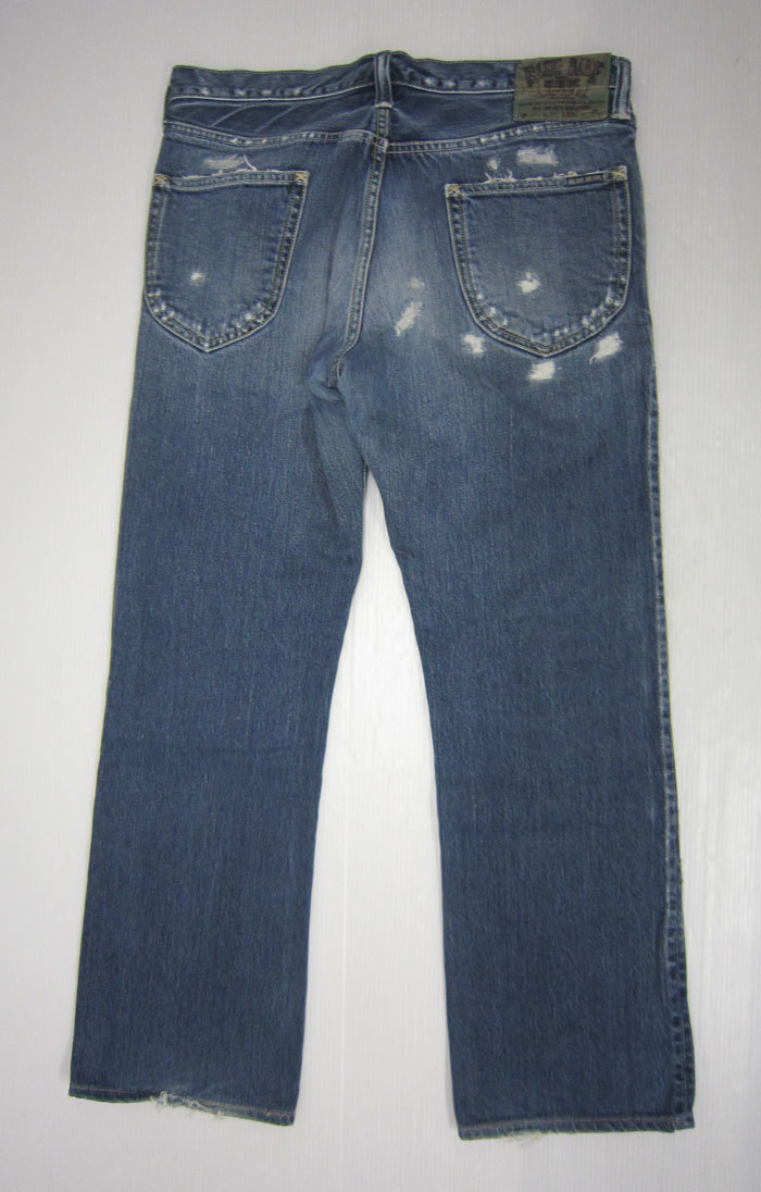 BLUEBLUE ブルーブルー ストレート デニムパンツ サイズ32 ダメージ加工 チェーンステッチ damage denim jeans_画像2