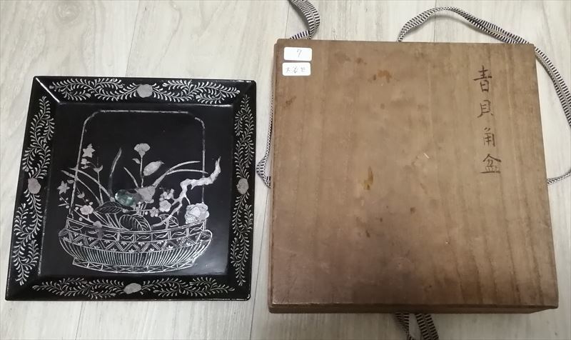 清代 螺鈿 蘭花 紋盆 漆器 漆物 塗物 黒漆 青貝 時代品 古玩 涛々庵 蔵