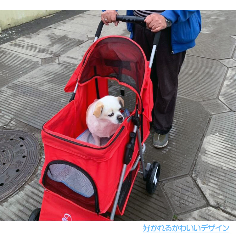 ( red ) rain cover attaching pet Cart 4 wheel pet buggy for pets buggy folding cat small medium sized dog walk outing travel nursing for 