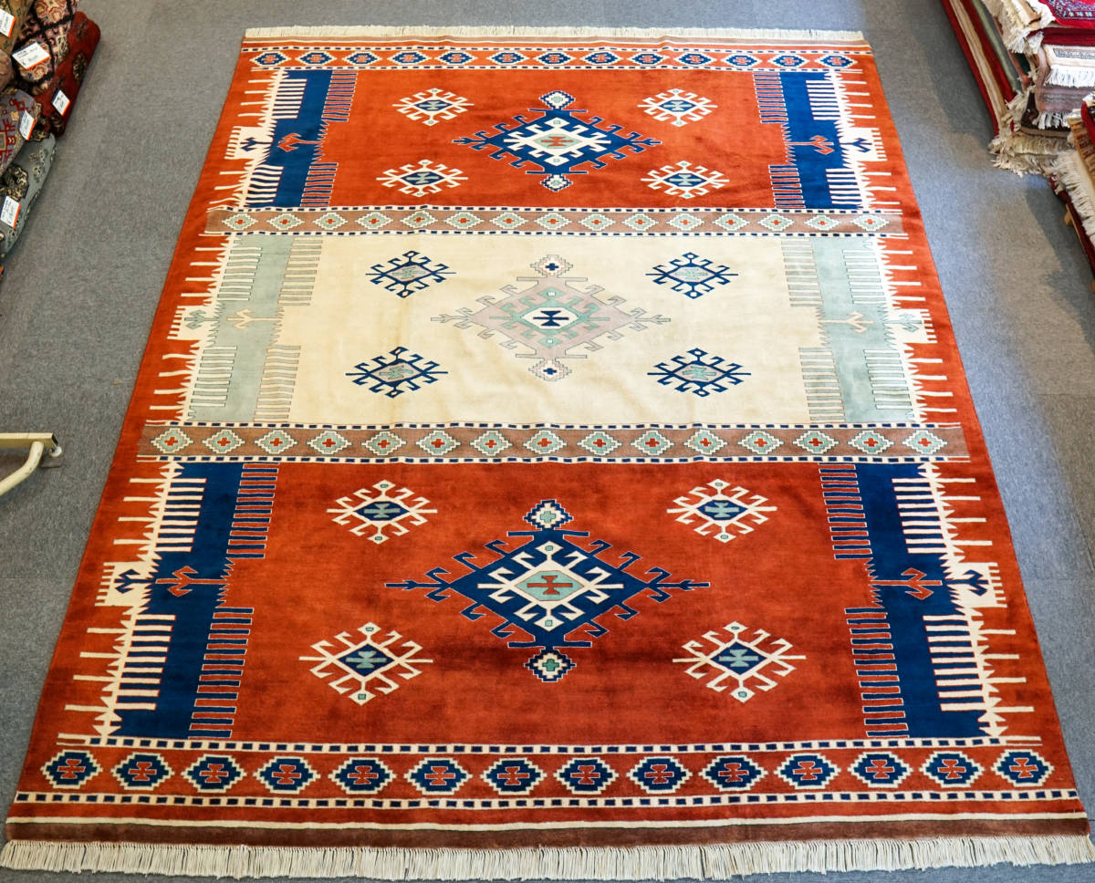 パキスタン手織り絨毯 ウール リビングラグ size:247×203cm ...