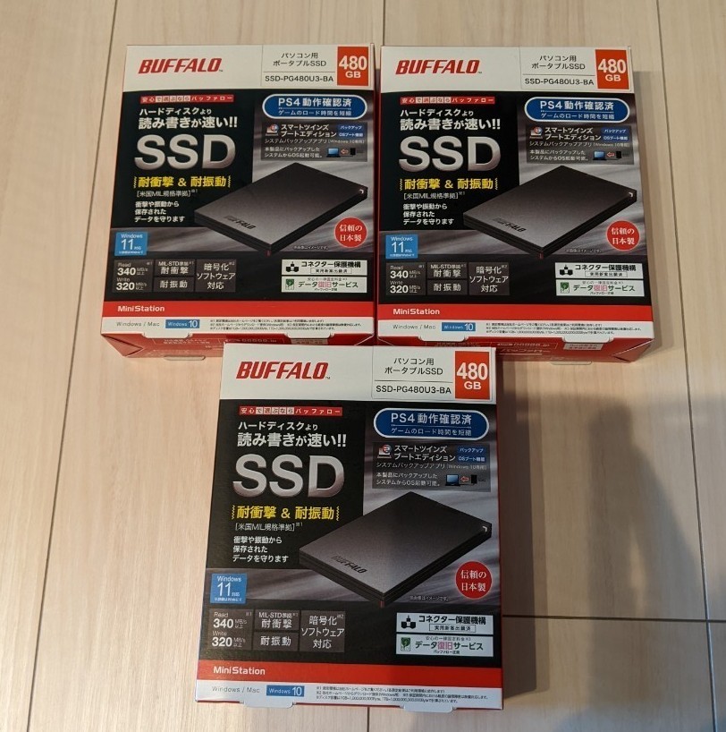 【新品】数量3個　パソコン用ポータブルSSD　480GB　SSD-PG480U3-BA [ブラック] BUFFALO