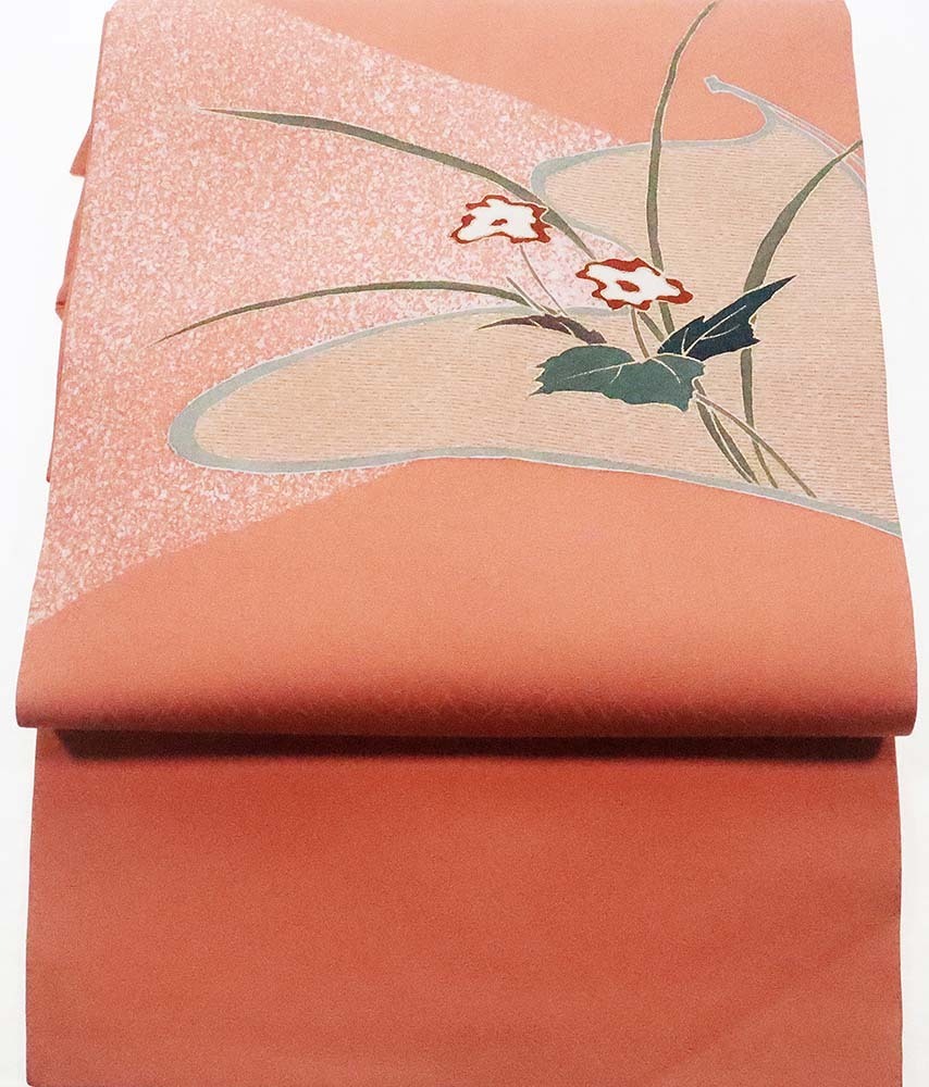 名古屋帯 正絹 サーモンピンク 草花 Lサイズ N2287 着物 レディース オールシーズン 送料無料 新品