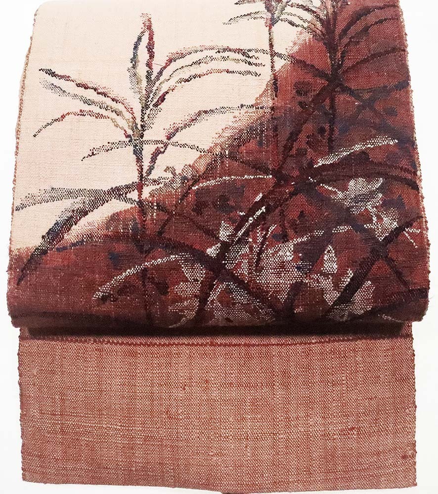 手織り紬 名古屋帯 正絹 ベージュ 赤紫 薄茶 草花 Lサイズ N2308 着物 レディース オールシーズン 送料無料 新品