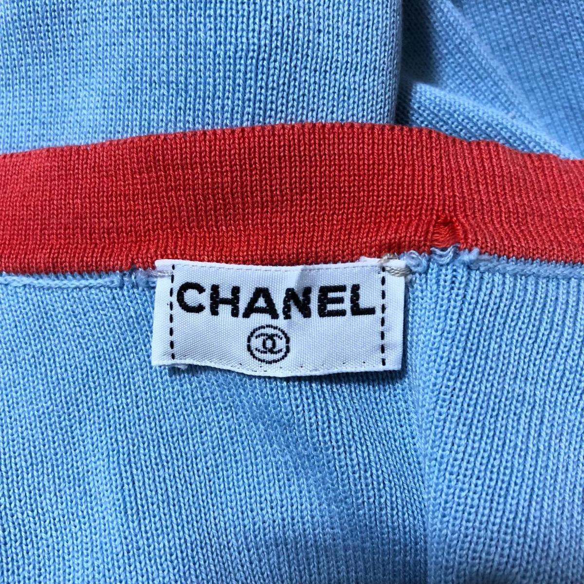 1円 CHANEL シャネル トップス ニット 半袖 水色系×赤系 コットン100