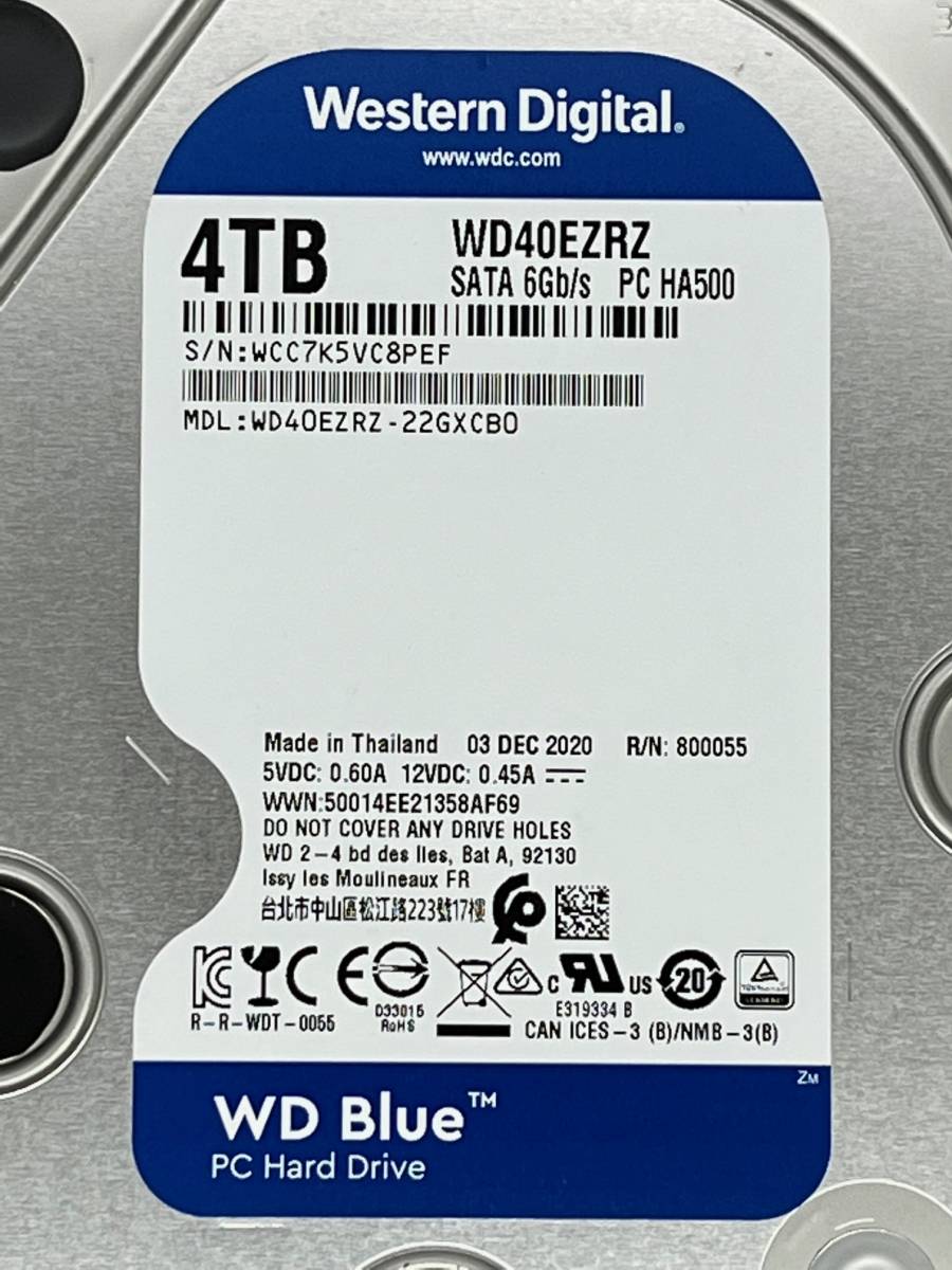 【送料無料】 ★ ４ＴＢ ★　WD40EZRZ　【使用時間：109ｈ】　Western Digital Blue　3.5インチ 内蔵 HDD　SATA600/5400rpm　稼働極少_画像3