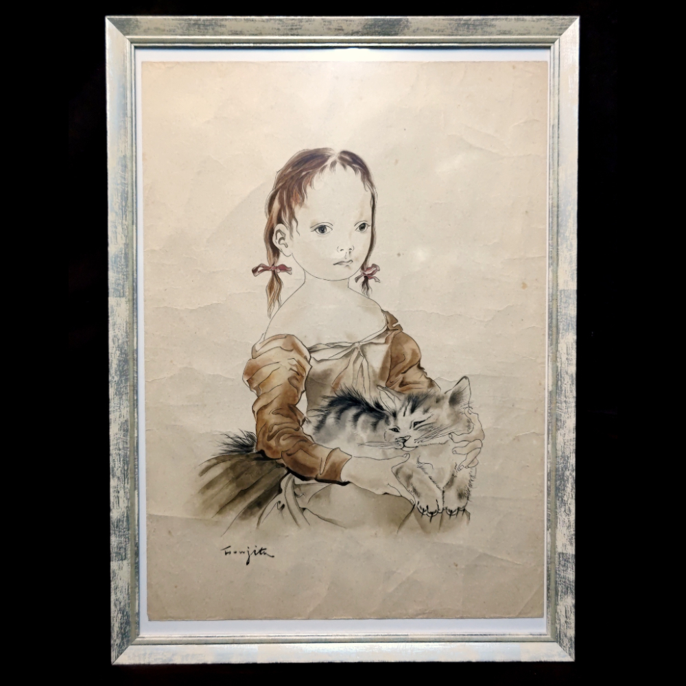 Yahoo!オークション - 藤田嗣治「猫を抱く少女」肉筆 紙に水彩 Yahoo!オークション - 藤田嗣治「猫を抱く少女」肉筆 紙に水彩