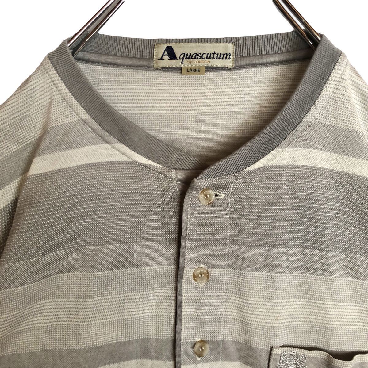 Aquascutum アクアスキュータム　半袖Tシャツ　ヘンリーネック　ボーダー　グレー系　メンズ　Lサイズ　【AY0414_画像3