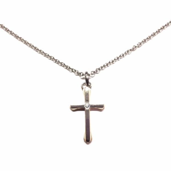サージカルステンレス製クロス十字架×czダイヤモンドネックレス/ピンクゴールド×シルバー_画像2