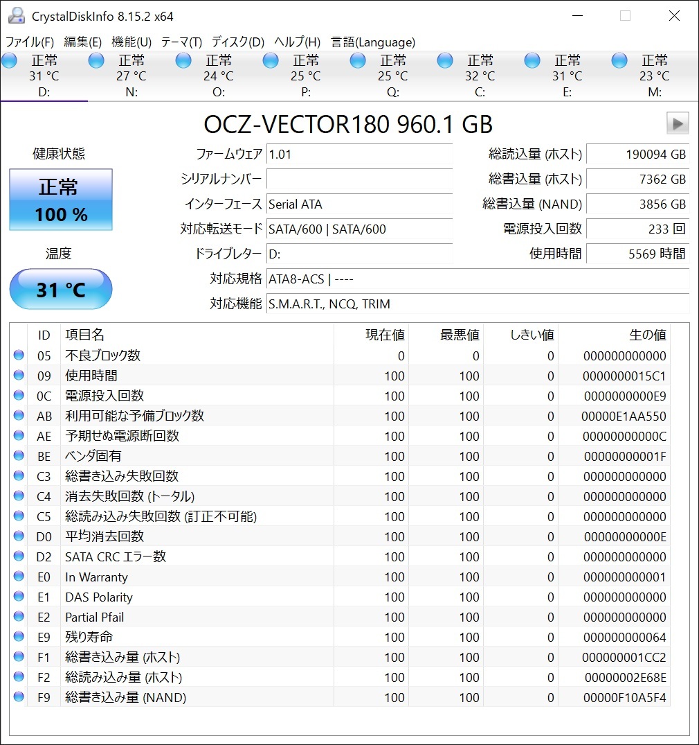 OCZ Vector 180 SATA SSD 960GB SSD VTR180-25SAT3-960G 東芝 A19nm MLC 