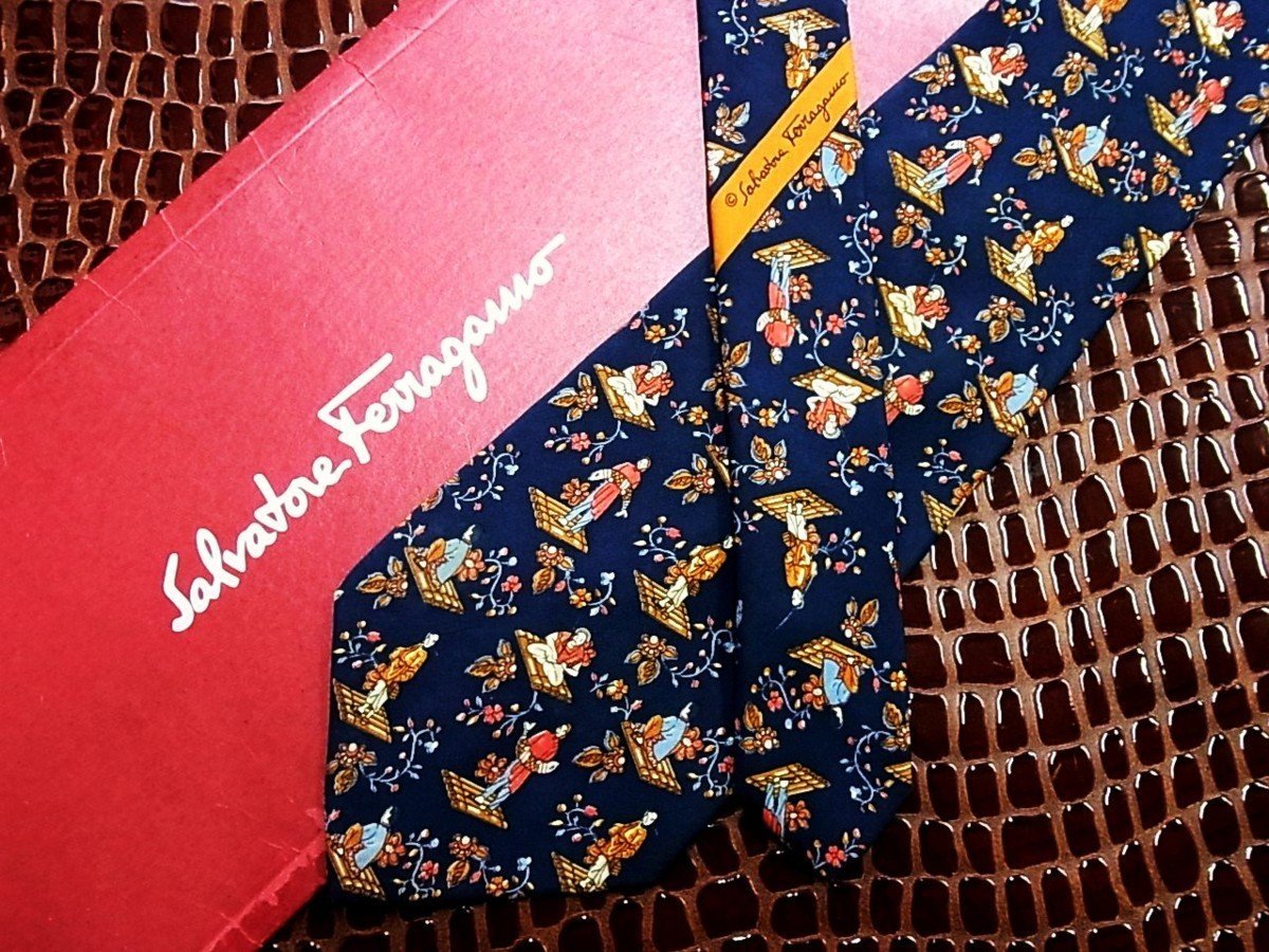 ♪今週の特売980円～♪0191♪状態並品【Ferragamo】フェラガモ【人物 花 柄】ネクタイ♪_画像1